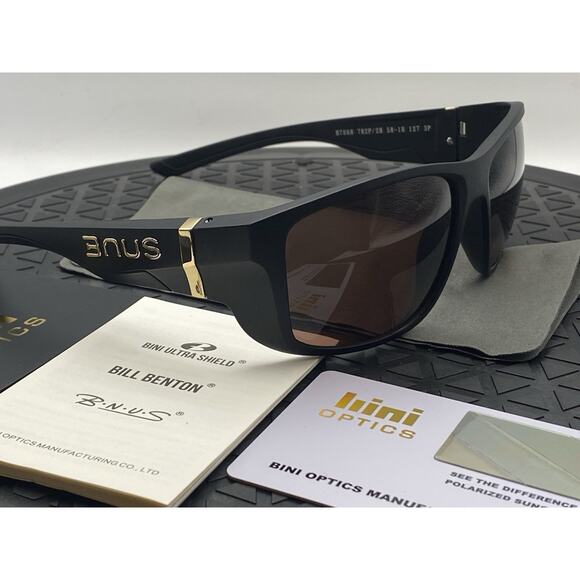 NEW BNUS Bill Benton Matte Black Polarized Sunglasses Brown HD Lenses Italy Gold - Picture 10 of 16